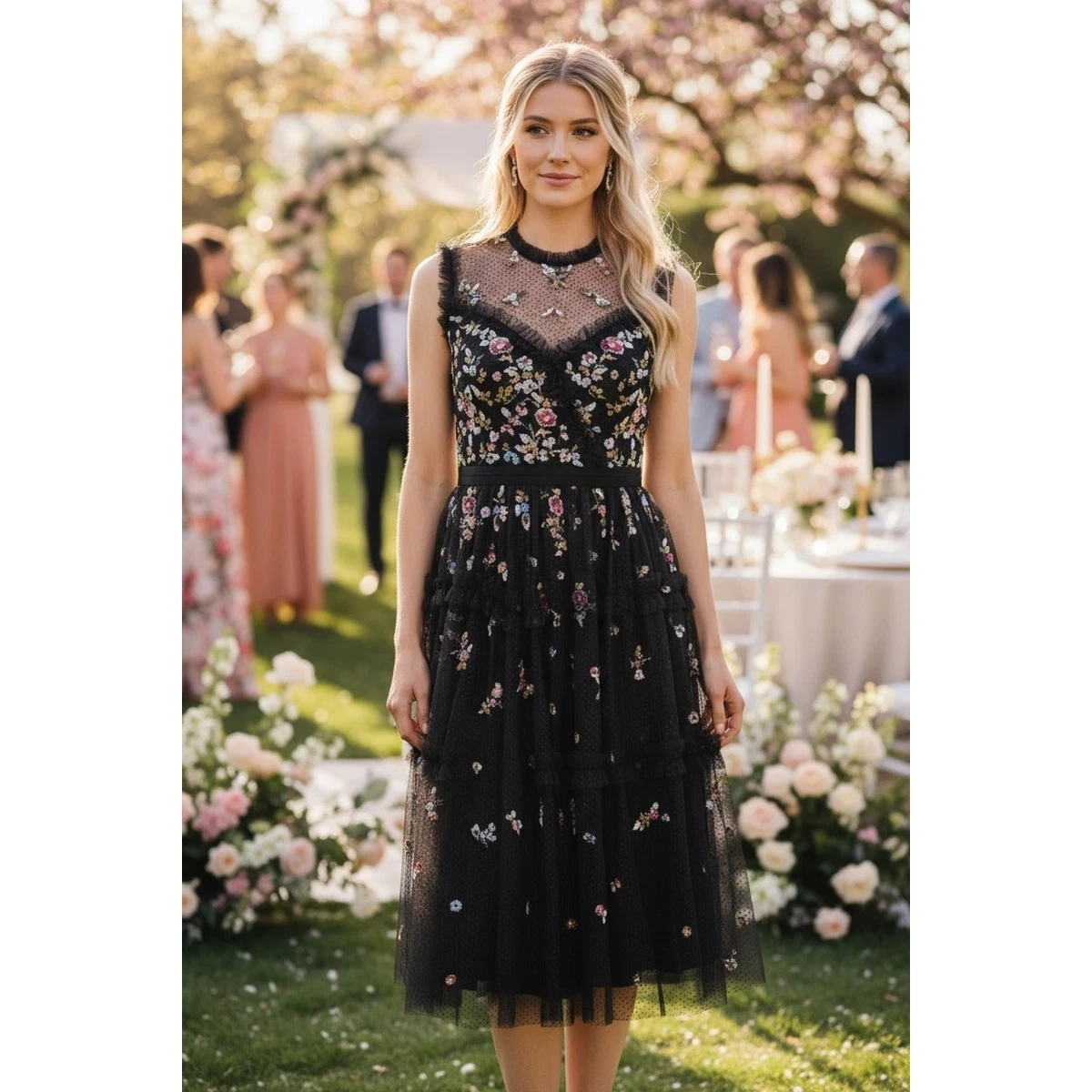 needle and thread black dress Needle & Thread Sylvia Rose Round Neck Ankle Gown Black US 2