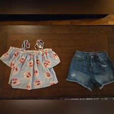 girls 14 denim shorts and off shoulder top with tie straps at shoulder