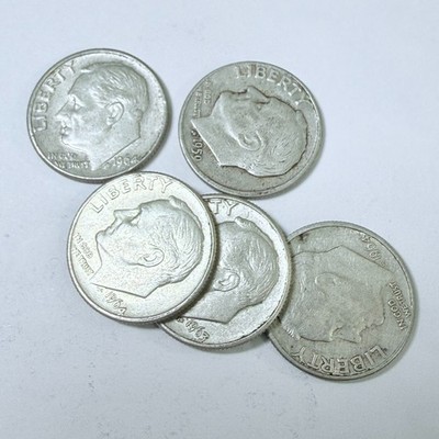ROOSEVELT SILVER DIMES LOT OF 5 90% SILVER CIRCULATED COINS FREE SHIPPING #9844