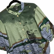 Citron Santa Monica 100% Silk Embroidered Top Koi Asian Landscape Print Sz 1X