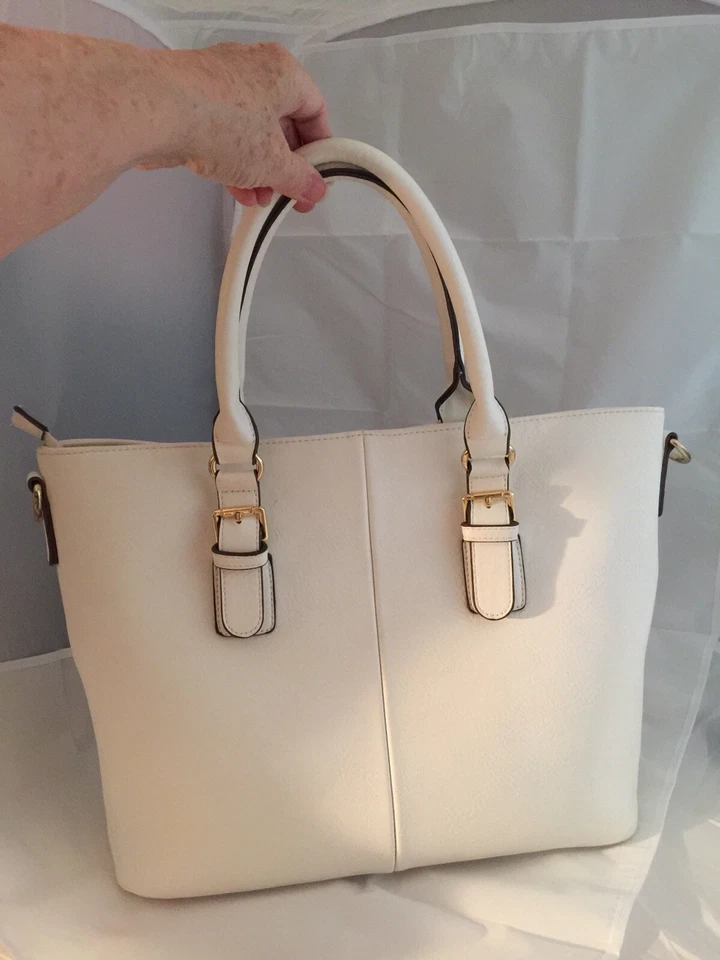 ❤️Charming Charlie Faux Leather Purse Tote Shopper Bag White Gold Buckles - Image 2 of 4