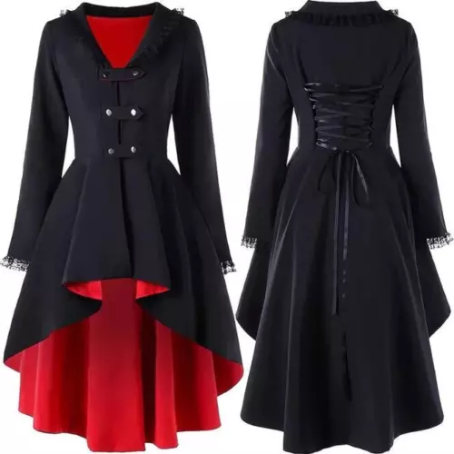 Womens Lace Gothic High Low Trench Victorian Steampunk Medieval Jacket Coat Top - Picture 6 of 13