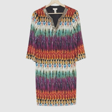 Chicos 1 Colorful Aztec Print 3/4 Sleeve Shift Dress Midi Sequin V-Neck Boho M