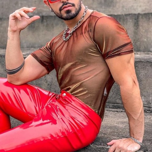 Summer Mens Short Sleeve Mesh See Through Shiny Blouse Party Clubwear Tee Tops - Picture 4 of 14
