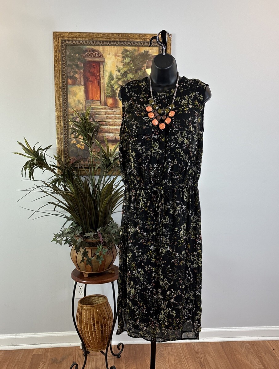 Merona Woman Sheath Dress Womens Large Black Ditsy Floral Print Sleeveless