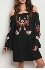BOHO Inspired Floral Embroidered Off The Shoulder Babydoll Dress SMALL Black NWT