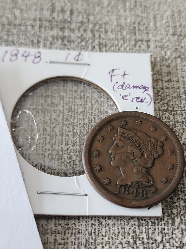 1848 Braided Hair Large Cent F+ Damage 'e' Rev