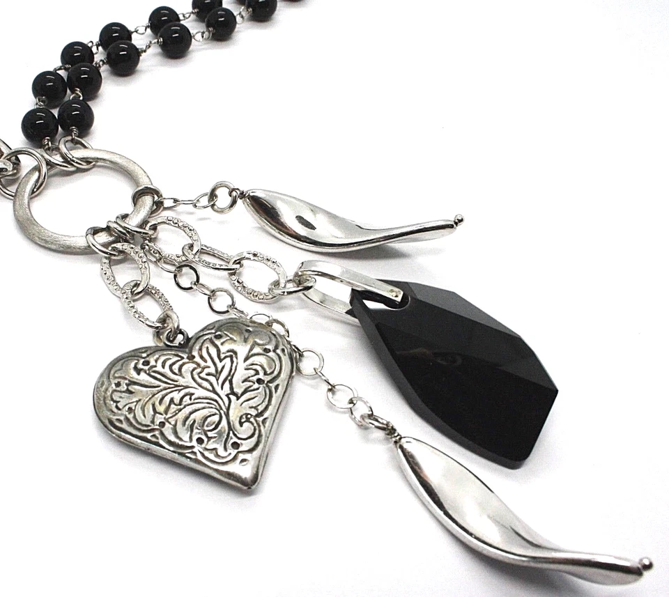 COLLANA ARGENTO 925 DOPPIA FILA ONICE CATENA GOURMETTE E CON CUORE LAVORATO - Immagine 3 di 4