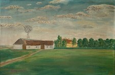 Oil painting Landscape with Farm and Windmill signed Denmark 35.5 x 53.5 cm