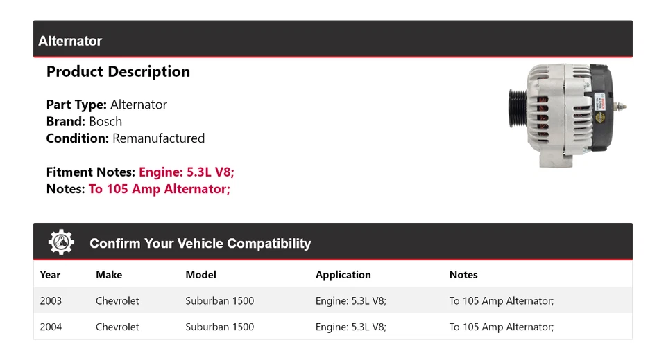 For 2003-2004 Chevrolet Suburban 1500 5.3L V8 Bosch Alternator (Remanufactured) - Image 2 of 4