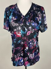 KOI Lite S/S Performance Mesh Floral 'Bliss Scrub Top' - L, Black Pink Teal