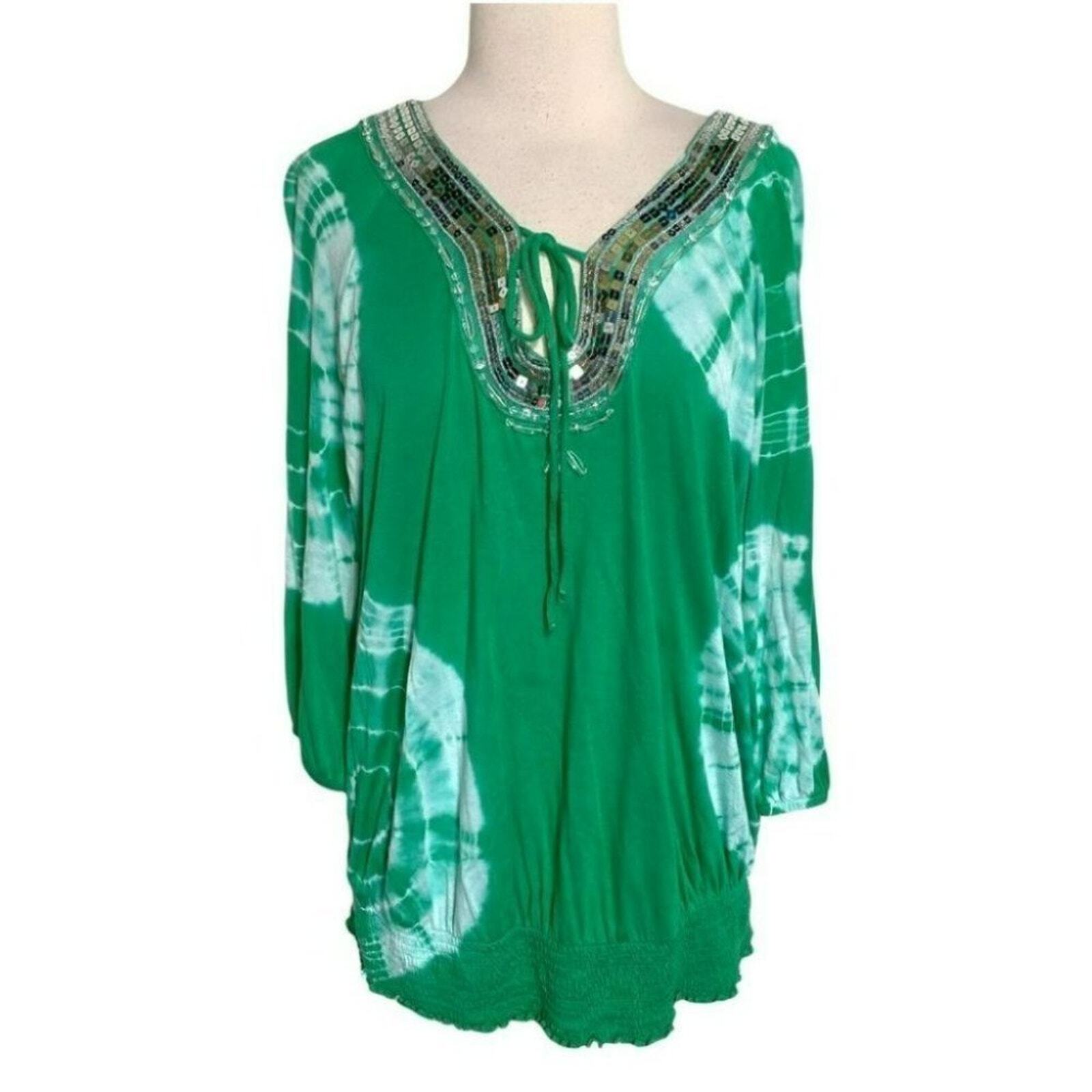 INC 0X boho green tie dyed sequined collar top St Patrick's Day Swiftie