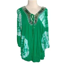 INC 0X boho green tie dyed sequined collar top St Patrick's Day Swiftie