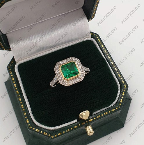 Octagon Emerald & Diamond Halo Engagement Ring 925 Sterling Silver Art Deco Ring - Picture 3 of 5