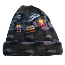 Childrens Winter Hat Green Cuffed Beanie Boys Size L Camo With Mittens Set 4T-5T