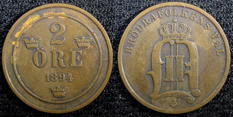 Sweden Oscar II Copper 1894 2 Ore Mintage-585 ,512 XF KM# 746   (23 122)