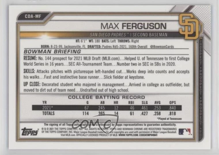 2021 Bowman Draft Chrome Pick Purple Refractor 132/250 Max Ferguson #CDA-MF Auto - Image 2 of 3