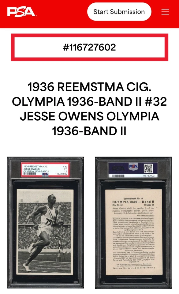 Original 1936 Reemtsma Jesse Owens Impresionante y RARO, De colección, Tarjeta Olímpica ¡PSA! Foto 3 de 4