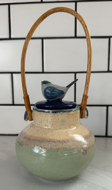 MEXICAN POTTERY BIRD LID JAR PALACE RESORTS SOUVENIR 2001 BAMBOO HANDLE
