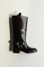 H&M Black Knee-High Biker Boots With Buckles - Uk 5 ( EU 38 ) - New With Box
