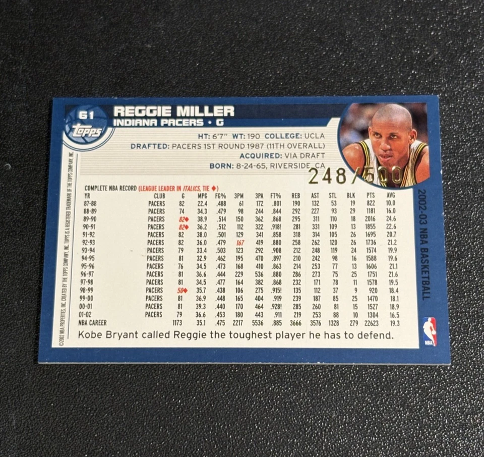 Reggie Miller 2002-03 NBA Topps Black Border #61 SP 248/500 Indiana Pacers Foto 2 de 2