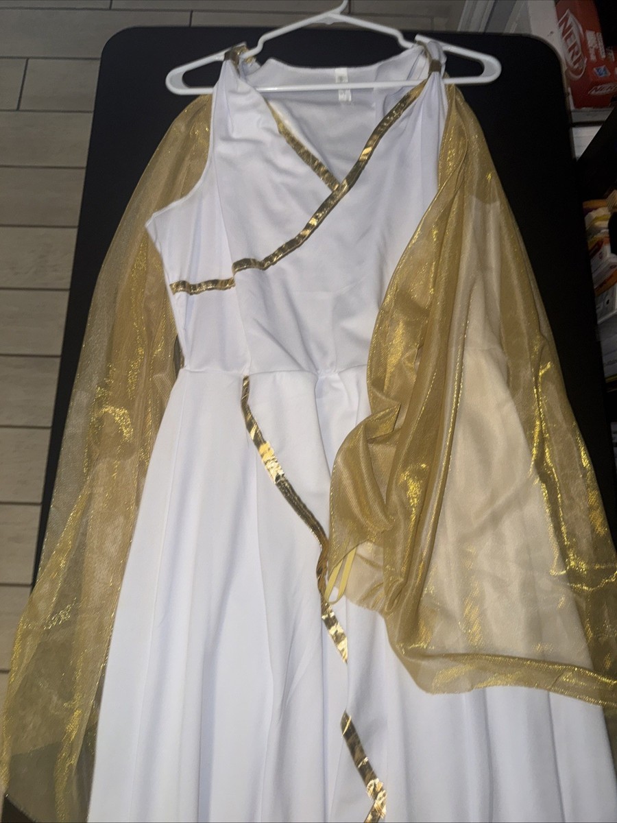 Greek Goddess Dress Costume White Gold Dress Detachable Cape Belt Womens L  / XL