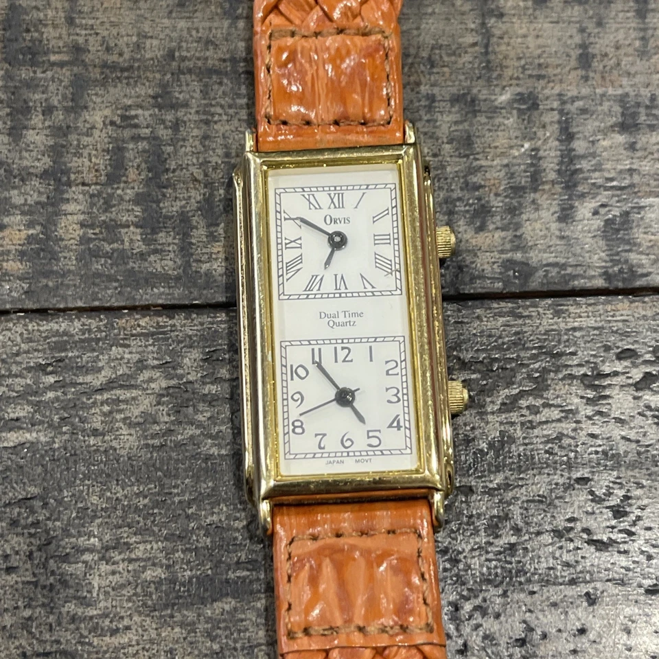 Vintage Orvis watch Dual Time  Gold Tone brown Leather band  (NEEDS BATTERY) - Image 2 of 4