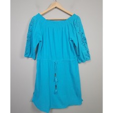 Talbots Womens L Cotton Gauze Dress Off Shoulder Tie Waist Blue Crochet