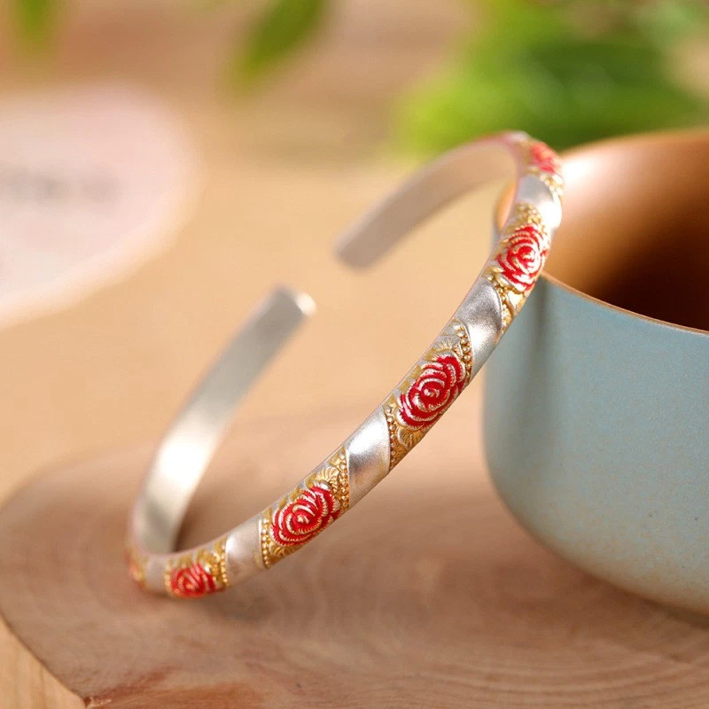 Jadelry: Brazalete abierto de lujo ligero 9999 plata fina oro pintado peonía arte Foto 2 de 4