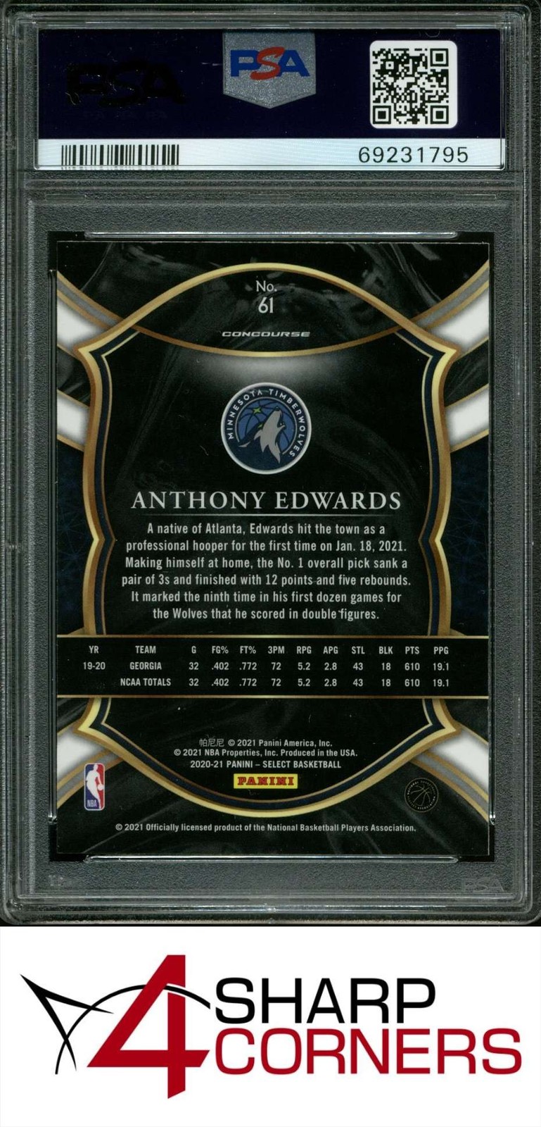 2020 PANINI SELECT BLUE RETAIL #61 ANTHONY EDWARDS RC TIMBERWOLVES PSA 9 view 2