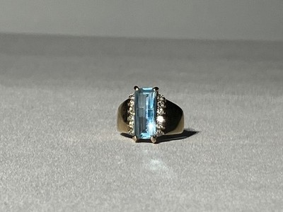 14K massiver Gelbgold Blautopas Halo Cocktail Ring 7g Größe 5,5 Smaragdschliff