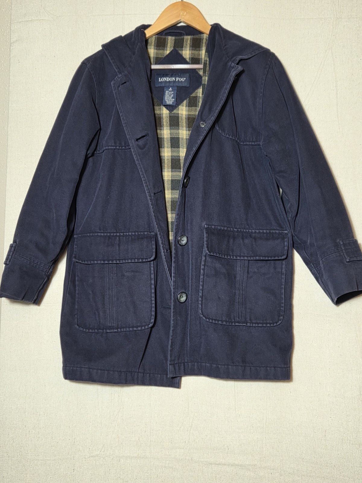 London Fog Trench Coat ,Hooded Navy Blue/Plaid  Small Petite 100% Cotton Shell