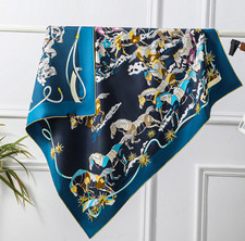 Pure 18 Momme Twill Silk Wrap Scarf Bandanna Blue cloud Print Square Shawl 35''