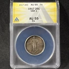 1917 25c Standing Quarter Type 1 Almost Uncirculated Full Head ANACS AU 55 FH