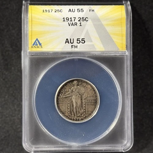 1917 25c Standing Quarter Type 1 Almost Uncirculated Full Head ANACS AU 55 FH