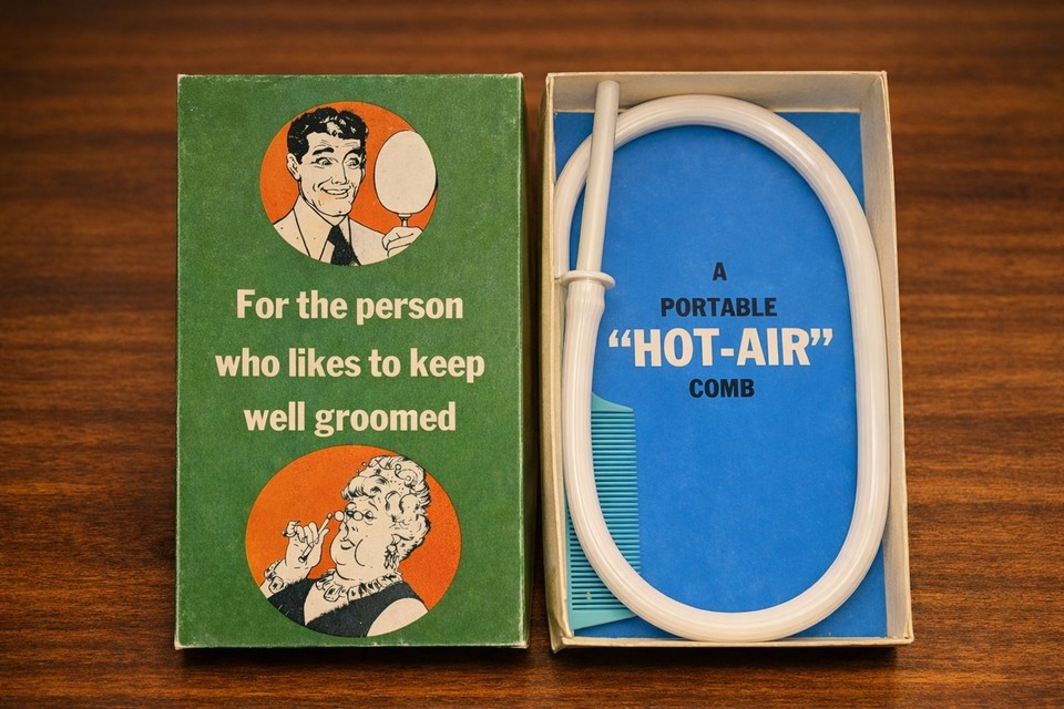 A mid-century 'hot-air comb' grooming gadget that looks like it belongs on the set of Mad Men — retro styling meets actual function.