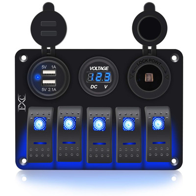 Waterproof Marine Boat Rocker Switch Aluminum Panel 5 Gang with Dual USB Slot So