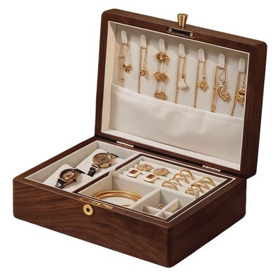 2 Layer Solid Black Walnut Wooden Jewelry Box with Lock and Key for Women Woo...