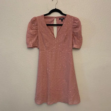 Express Metallic Clip Dot Dress Puff Sleeves Fit And Flare Pink and Gold Sz Smal