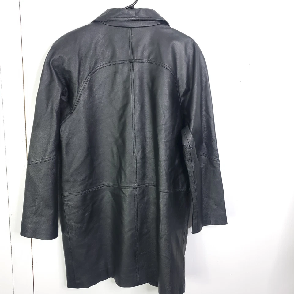 Tribeca Studio Leather Coat Womens Large Mid Length Black Minimalist Classic - Image 2 of 4