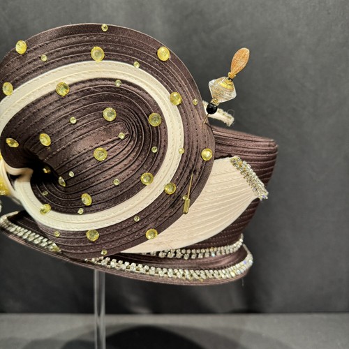 Tango Suits Cappello Marrone Crema Strass Spilla Nastro Chiesa Derby - Foto 8 di 13