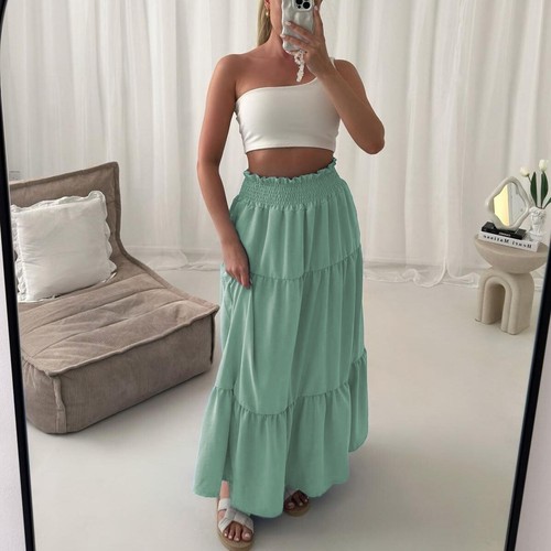Womens Ladies High Waisted Sheering Pockets Long Tiered Summer Party Maxi Skirt - Picture 19 of 20
