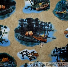 BonEful Fabric FQ Cotton Quilt Scenic Tree Camp Fire Duck Hunt Tent Canoe Fish S