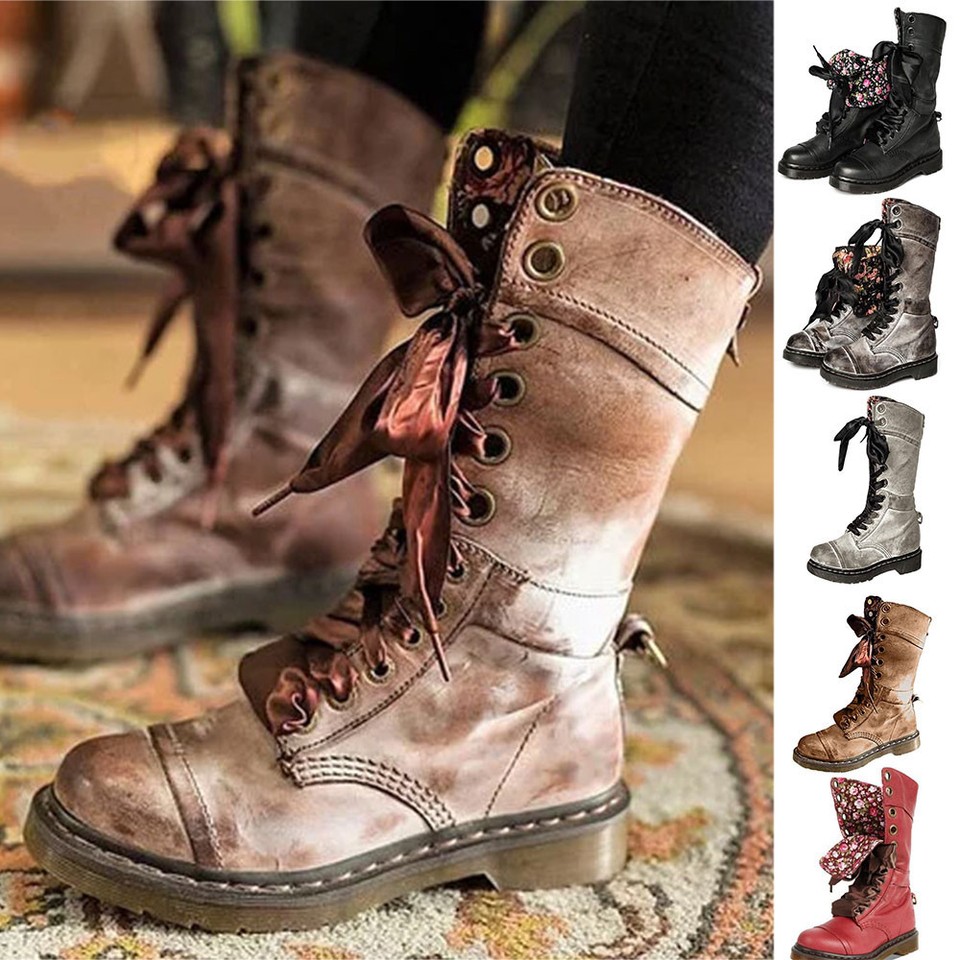 Botas retro para mujer de media pantorrilla con cordones motociclista punk militar combate botín zapato