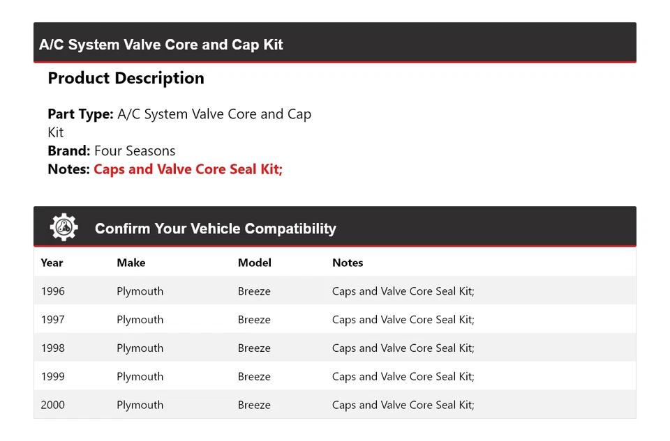 Kit de núcleo y tapa de válvula de sistema de aire acondicionado Plymouth Breeze 1996-2000 4 estaciones 1997 Foto 2 de 4