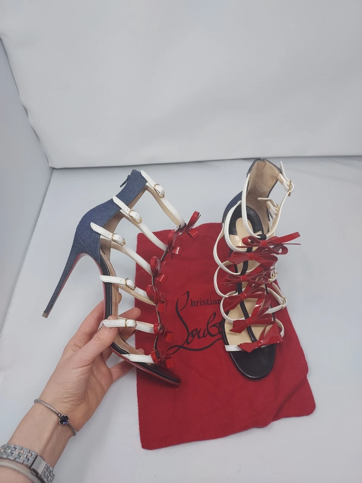 Christian Louboutin — CHRISTIAN LOUBOUTIN Blue Red Girlystrappi Bow Heel Sandal Size EU 39 US 9 WOMENS