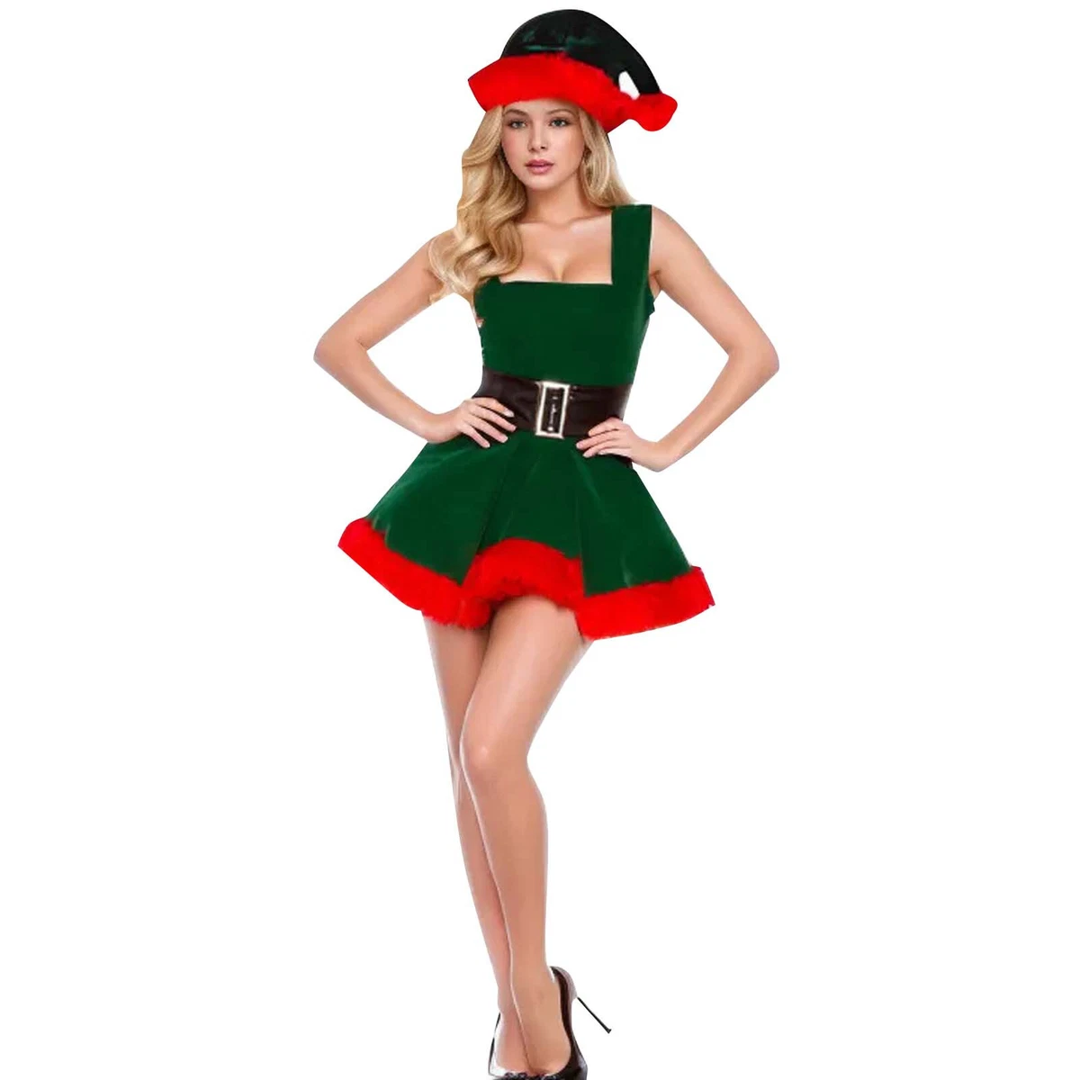 Women s Velvet Christmas Party Mini Santa Dress Costume Black