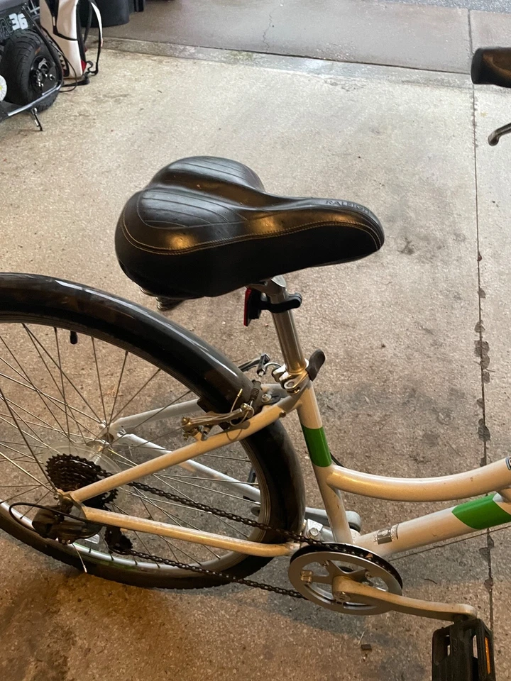 Bicicleta de asiento grande blanca con cesta. Estilo Mujer (Blanco y Verde) Foto 2 de 4