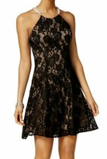 Betsy & Adam~ Black Floral Lace Overlay Embellished Flare Party Dress 4 NEW $219