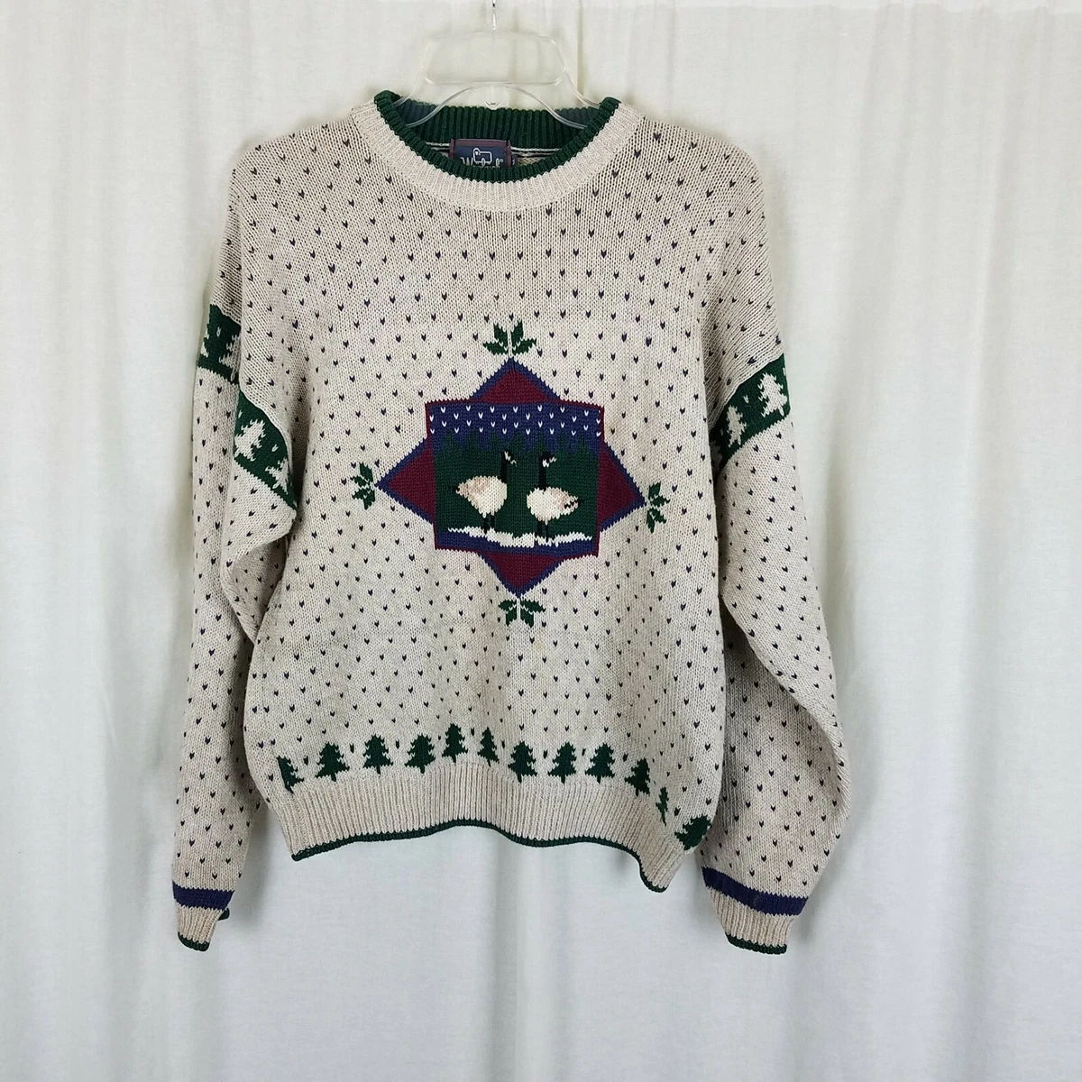 Vintage Woolrich Bird Geese Birdseye Knit Crewneck Sweater Men M Christmas Trees